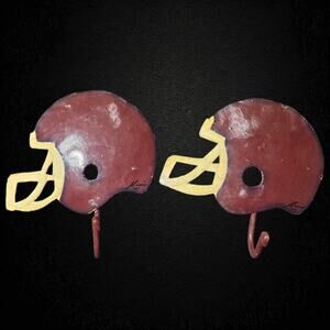 Vintage Minnie Signed Metal Football Helmet Wall Hooks Pair - Rustic
